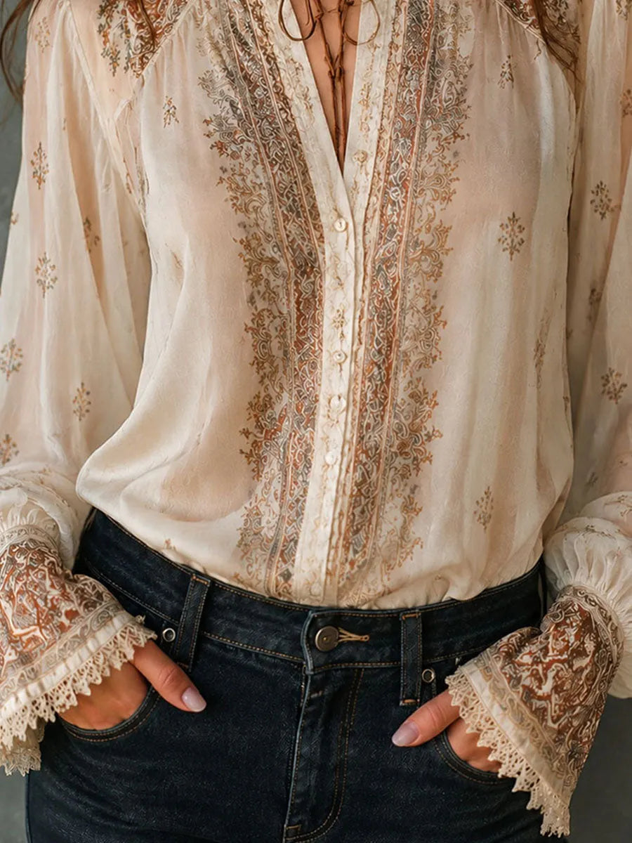 Boho Beige Paisley Print Sheer Lace Cuff Blouse