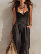 Boho Lace Straps Cotton-Linen Jumpsuit