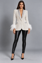 Pearl-Embellished Rhinestone-Lapel Feather-Cuff Blazer