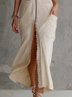 Cotton Collared Sleeveless Zip Front Lace Cutout Pocket Slit Midi Dress
