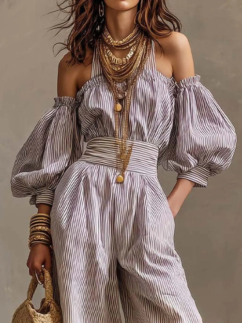 Bohemian Halter Off-Shoulder Puff Sleeve Wide-Leg Jumpsuit