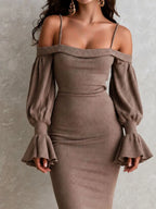 Retro Elegant Taupe Ribbed Knit Cold Shoulder Midi Dress