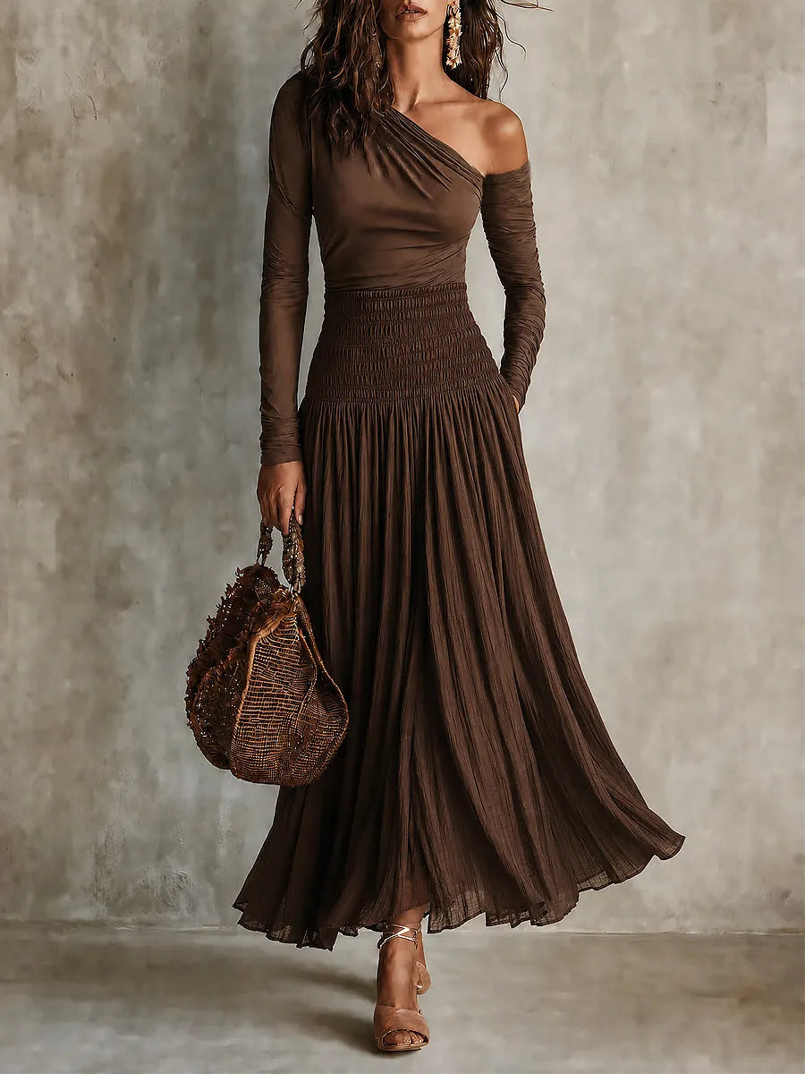 Boho One-Shoulder Long Sleeve T-shirt & Smocked waist Skirt Set