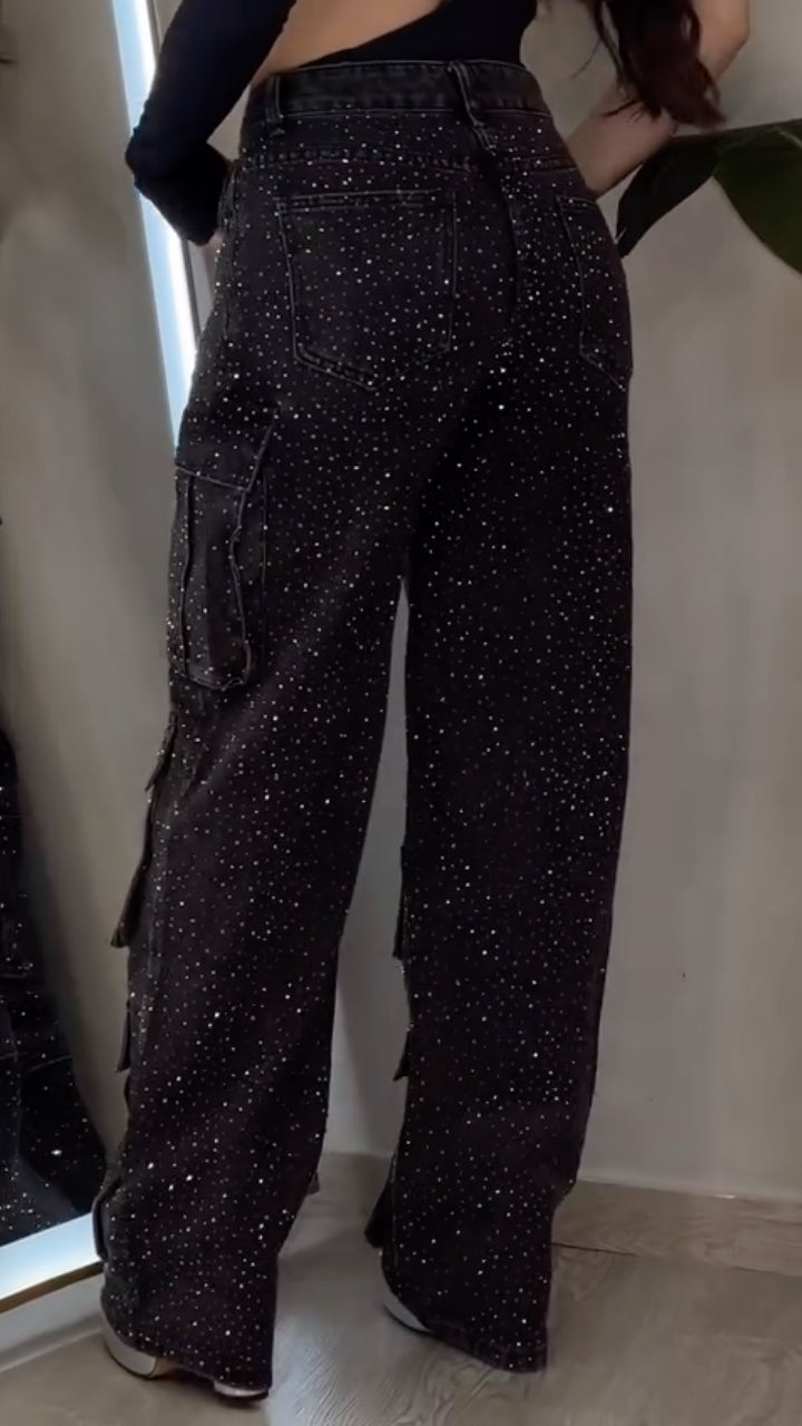 Black Allover Sparkle Multi-Pocket Cargo Jeans