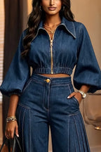 Women's Fashion Puff Sleeve Short Denim Jacket or Wide Leg Jeans