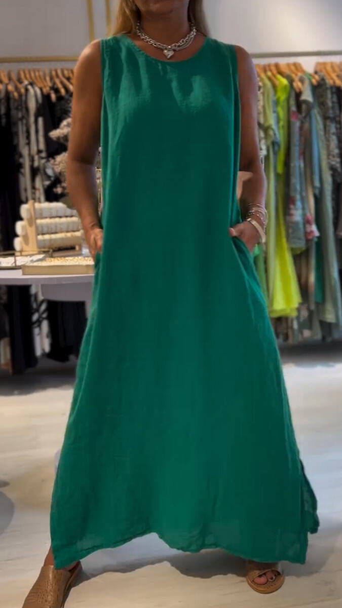 Women Round Neck Sleeveless Solid Color Loose Casual Dress