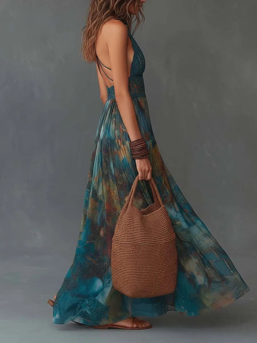 Bohemian Halter Lace Watercolor Print Maxi Dress