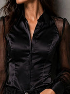 Vintage Spliced Satin Sheer Mesh Puff Sleeve Slim Shirt