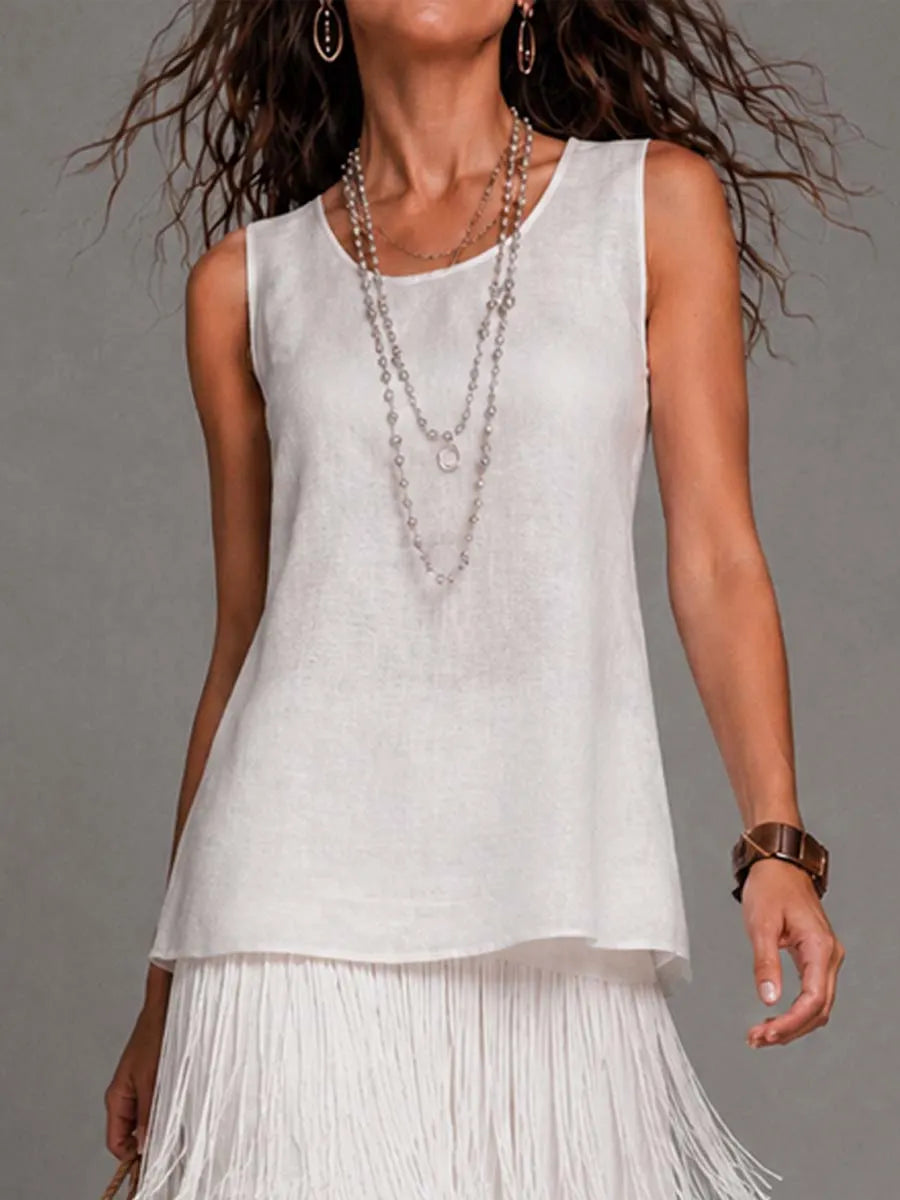 Elegant Linen Sleeveless Tank Top & Multi Layer Tassel Fringe Maxi Skirt Two Piece Set