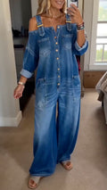 Blue Denim Off‐Shoulder Wide Leg Jumpsuit