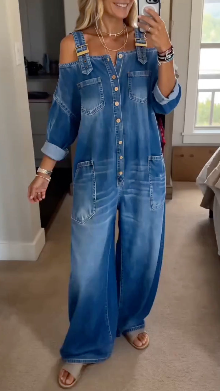 Blue Denim Off‐Shoulder Wide Leg Jumpsuit