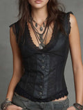 Vintage Lace Trim Faux Leather Vest