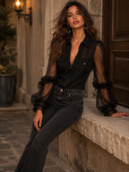Collared Zip Front Pocket Sheer Ruffle Cuff Long Sleeve Blouse