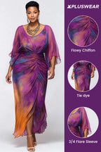 复制Xpluswear Design Plus Size Cocktail Party Purple Tie Dye Round Neck Flare 3/4 Sleeve Ruched Chiffon Maxi Dresses