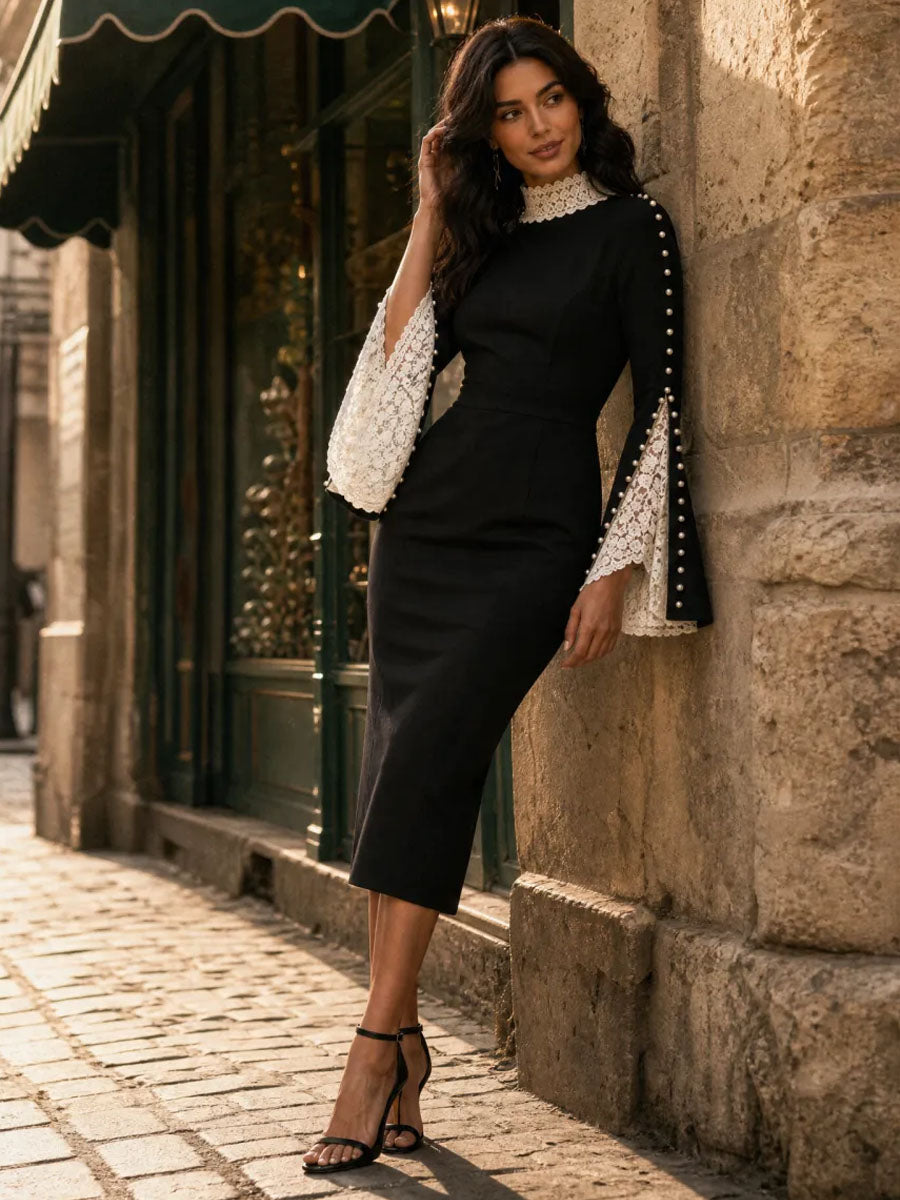 Elegant High Neck Lace Bell Sleeve Pencil And Pearl Embellished Midi Dress