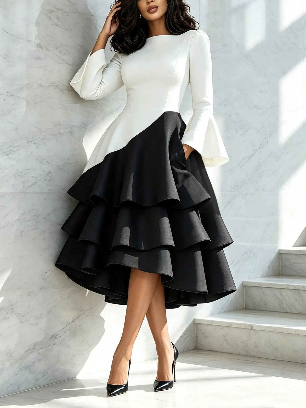 Monochrome Tiered Ruffle High-Low Dress