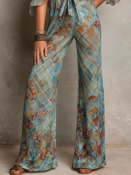Boho Chic Ocean Blue Sheer Floral Tie-Front Jumpsuit