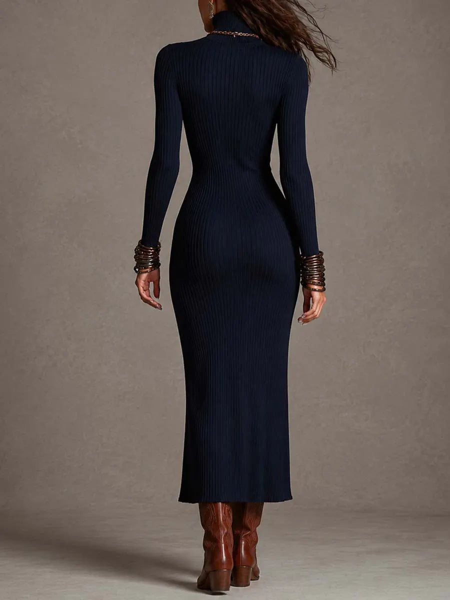 Navy Vertical Ribbed Knit Bodycon High Neck Keyhole Front Side Zipper Slit Midi Dress