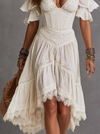 Boho Cold-Shoulder Lace-Trim Corset Bustier High-Low Ruffle Midi Dress