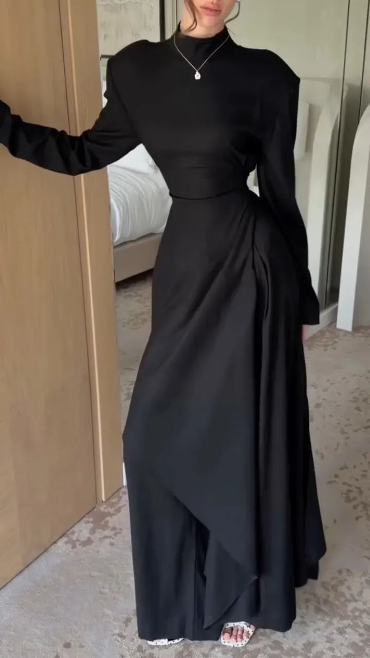 Black Mock-Neck Draped-Waist Maxi Dress