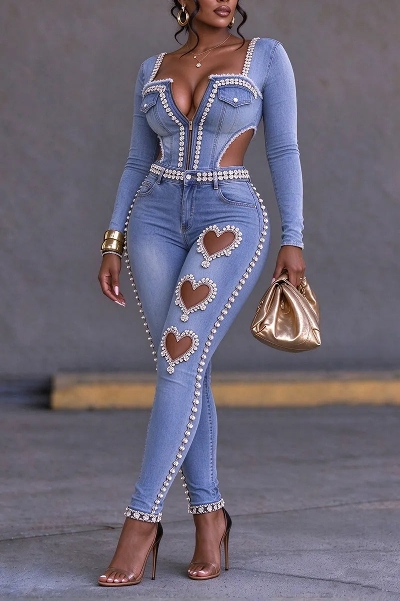 Blue Heart-Cutout Embellished Denim Jumpsuit