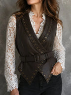 Vintage Dark Brown Faux LeatherWrap Belted Vest With Eyelet Trim