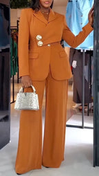 Women Collar Splicing Jacket+ Wide Leg Pants Temperament Commuting Formal Suit