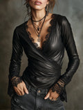 Women's V-Neck Faux Leather Wrap Top with Lace Trim