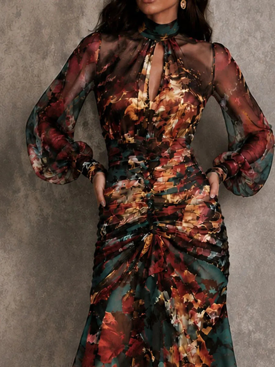 Vintage Floral Chiffon Keyhole Neck Ruched High Low Midi Dress
