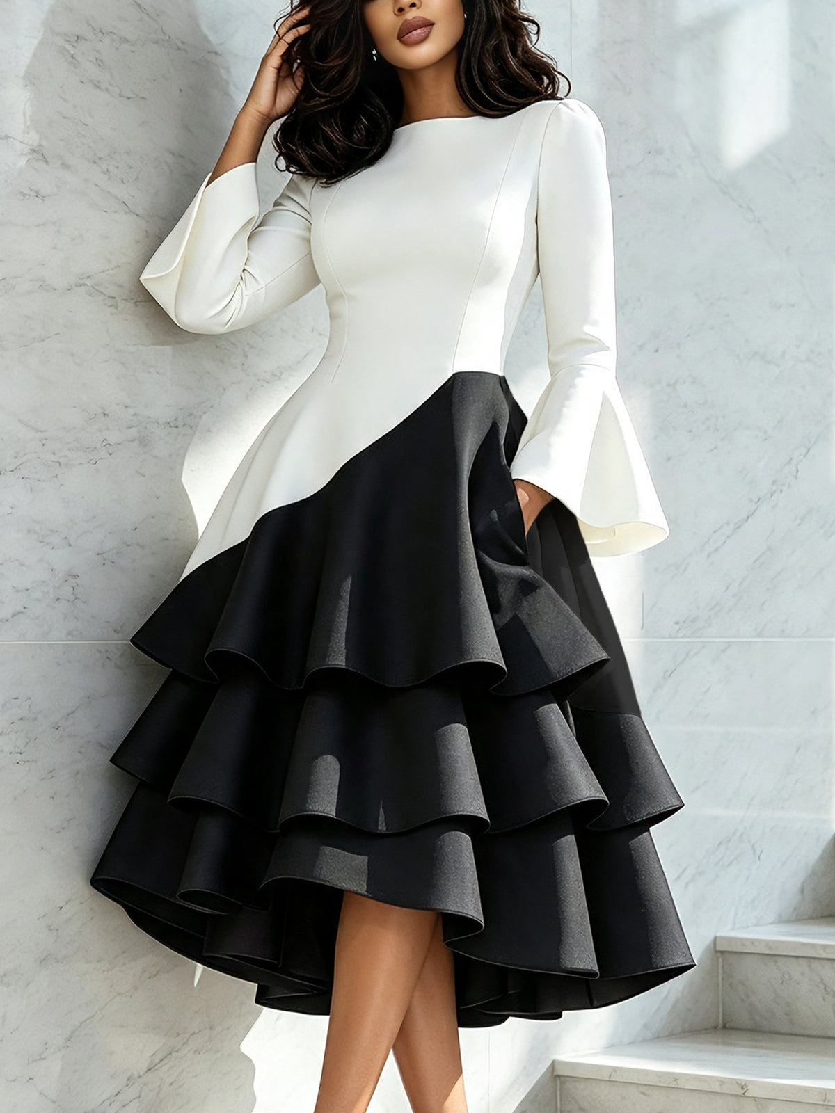 Monochrome Tiered Ruffle High-Low Dress