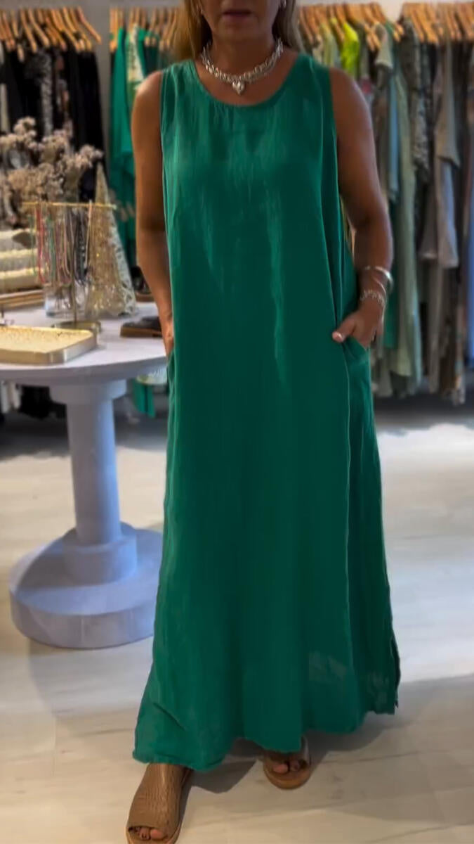 Women Round Neck Sleeveless Solid Color Loose Casual Dress