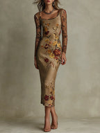 Vintage Floral Satin & Sheer Lace-Sleeve Midi Dress
