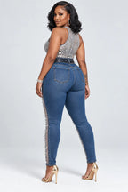 Rhinestone Mesh-Panel High-Waisted Skinny Jeans