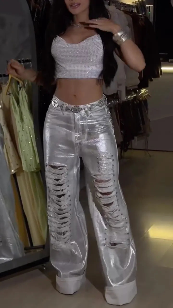 Metallic Distressed Wide-Leg Jeans