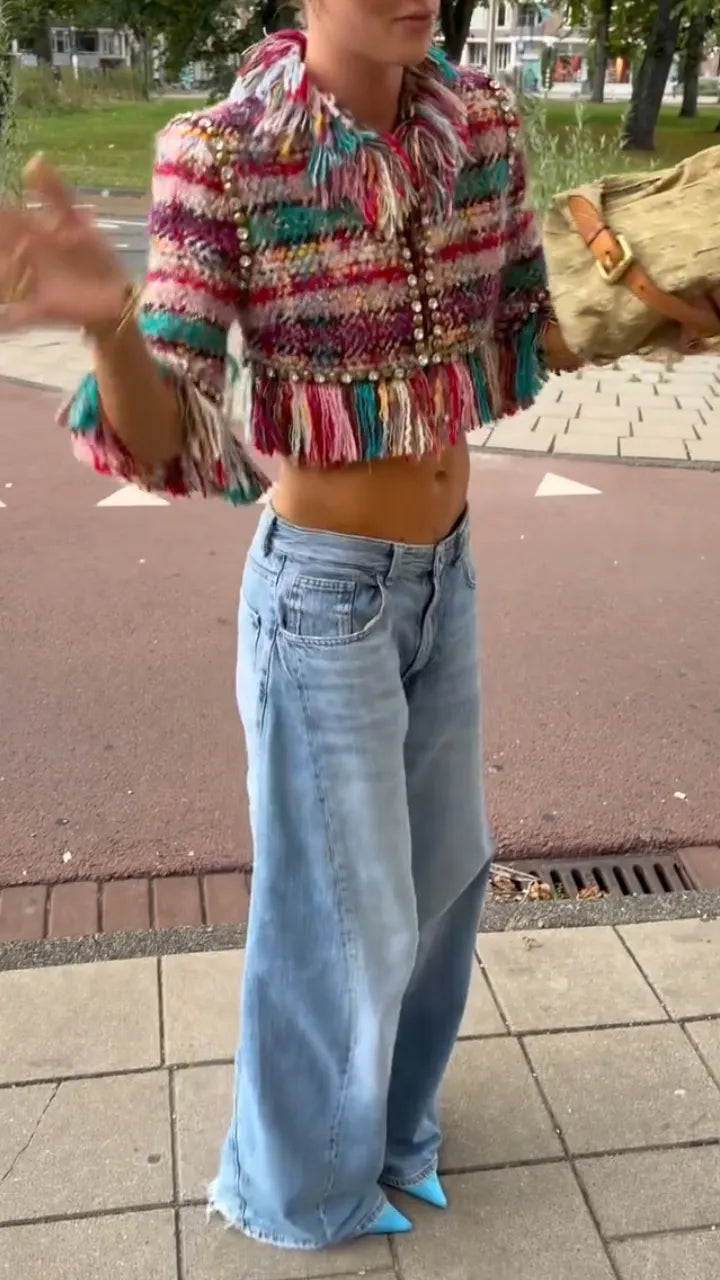 Multicolor Tweed-Look Fringe Cropped Jacket