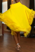 Women's Fashion Asymmetric Neckline Batwing Feather Hem Midi Dress