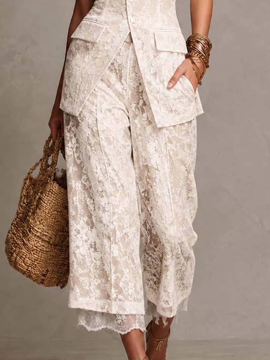 Elegant Strapless Button Front Lace Vest & Cropped Wide Leg Lace Pants Two Piece Set