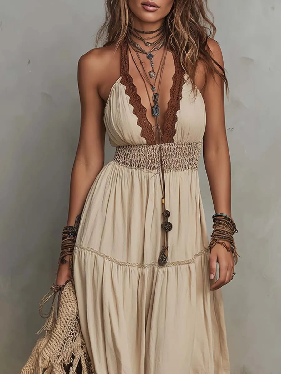 Retro Halter-Neck Contrast Lace Cotton-Linen Maxi Dress