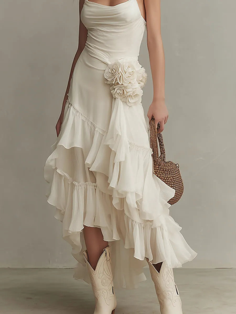 Detachable Floral Ruffled Hem Maxi Dress