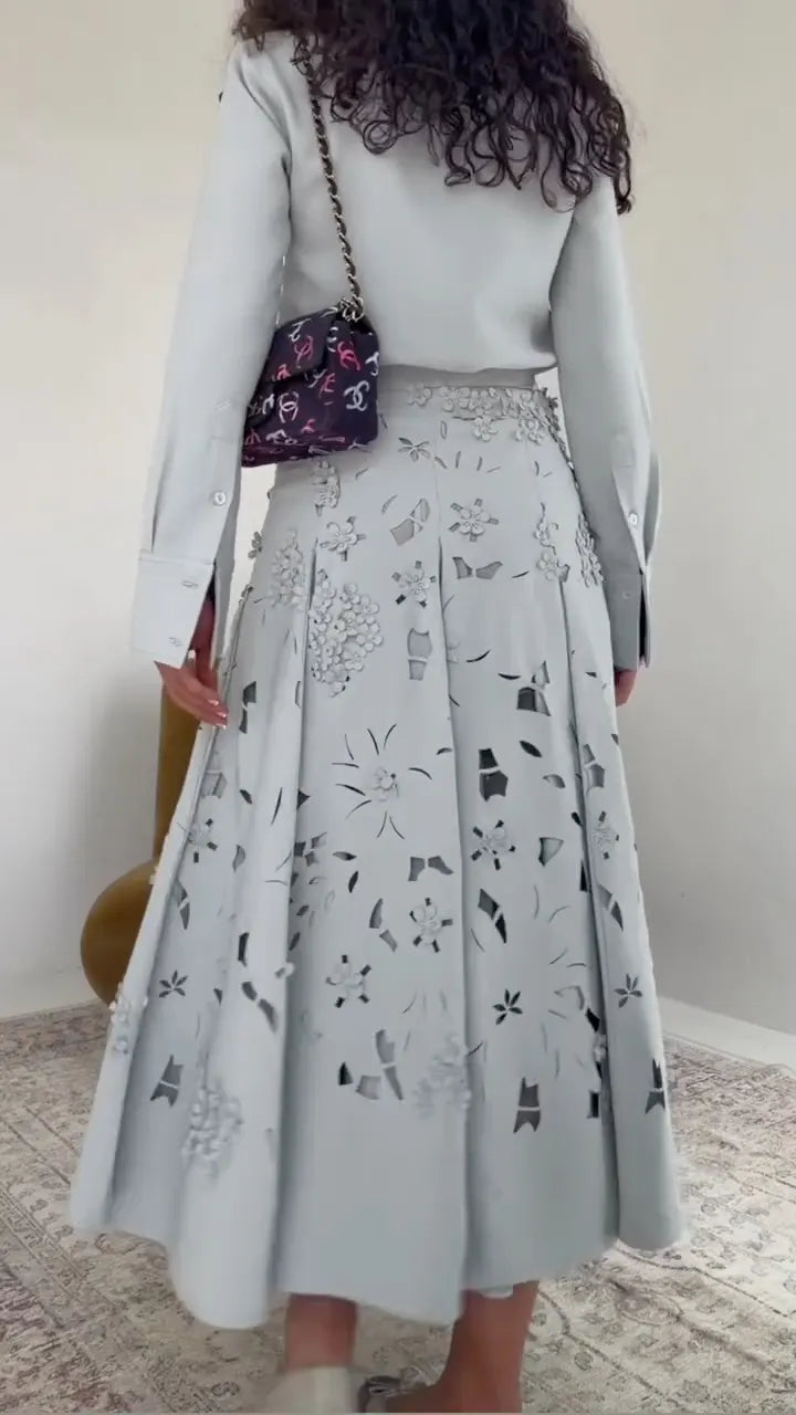 Powder-Blue Shirt & Floral A-Line Midi Skirt Set