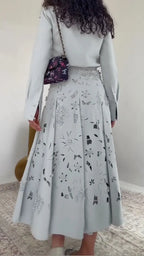 Powder-Blue Shirt & Floral A-Line Midi Skirt Set