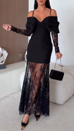 Black Bow-Front Cold-Shoulder Lace Maxi Dress