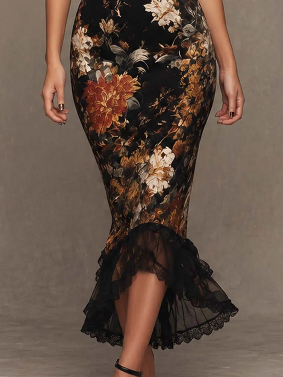 Vintage Gothic Floral Print Lace Mesh Short Sleeve Mermaid Midi Dress