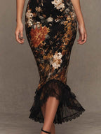 Vintage Gothic Floral Print Lace Mesh Short Sleeve Mermaid Midi Dress