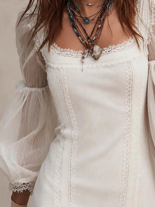 Bohemian White Lace Trim Cotton Mini Dress