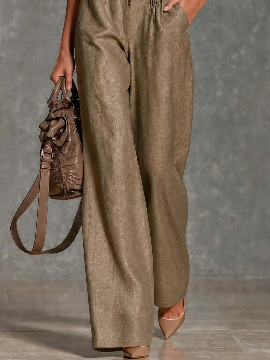Vintage Collar Tie Sleeveless Lace Trim Smocked Waist Pocket Linen Wide Leg Jumpsuit