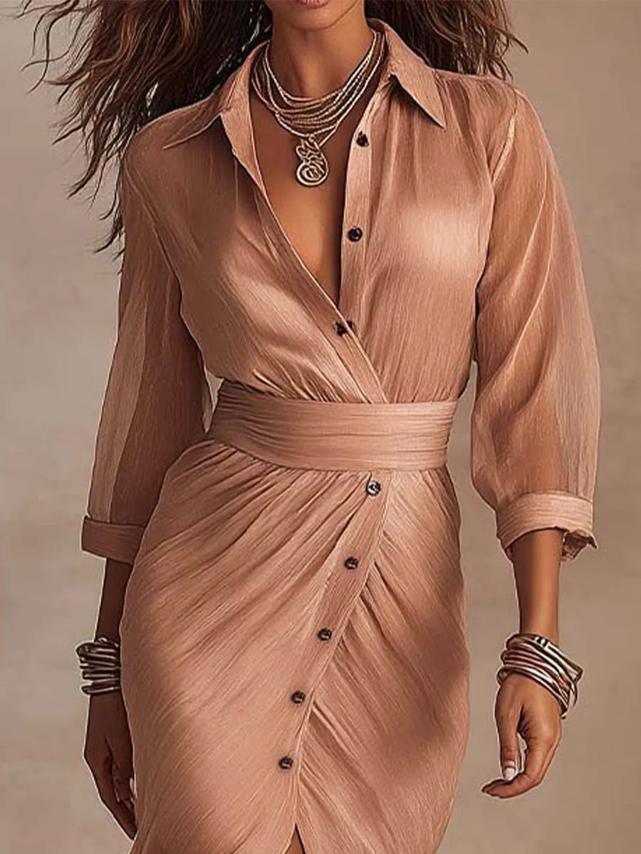 Refined Casual Tencel-Linen Blend Wrap Shirt Midi Dress