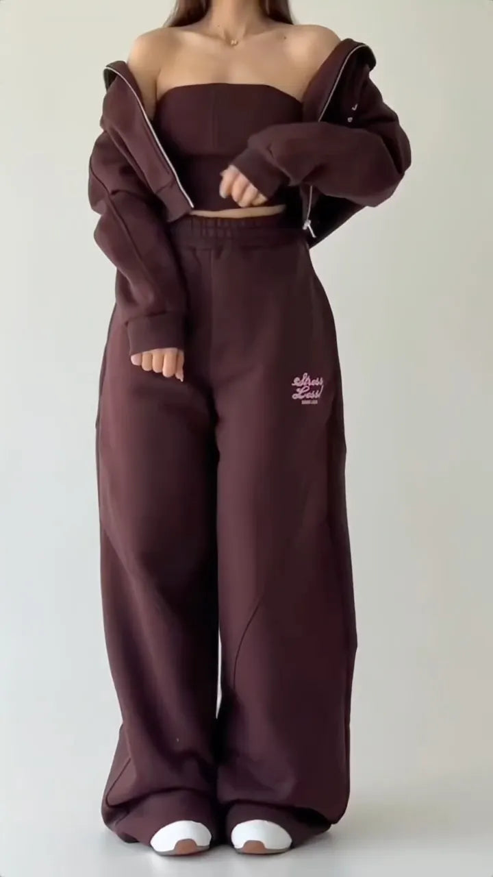 Beige Jacket Bandeau & Wide-Leg Pants Three-Piece Set