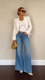 White Tweed Blazer & Wide‑Leg Denim Outfit
