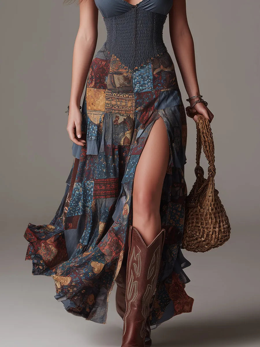 Boho Shirred Patchwork Print Maxi Dress